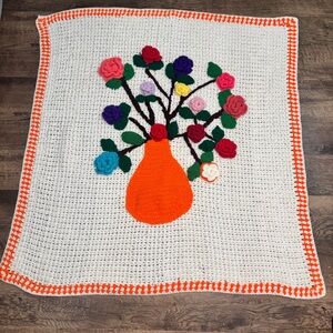 40x40 Handcrafted Floral Crochet Blanket - White and Orange